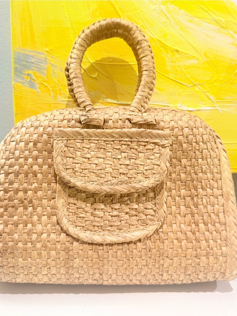 Handwoven Natural Straw Tote with Front Flap Pocket